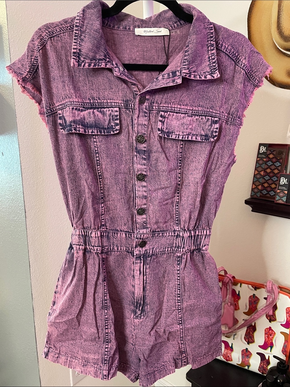 Mustard Seed Pink Acid-Wash Denim Romper